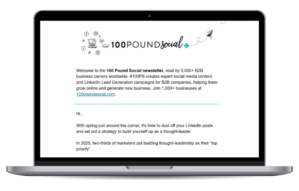 A B2B business email newsletter on a laptop, representing consistent and engaging email marketing content.