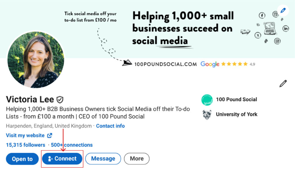 LinkedIn profile screenshot showing Connect button instead of Follow, demonstrating the difference between LinkedIn Follow vs Connect for B2B lead generation and networking strategy.