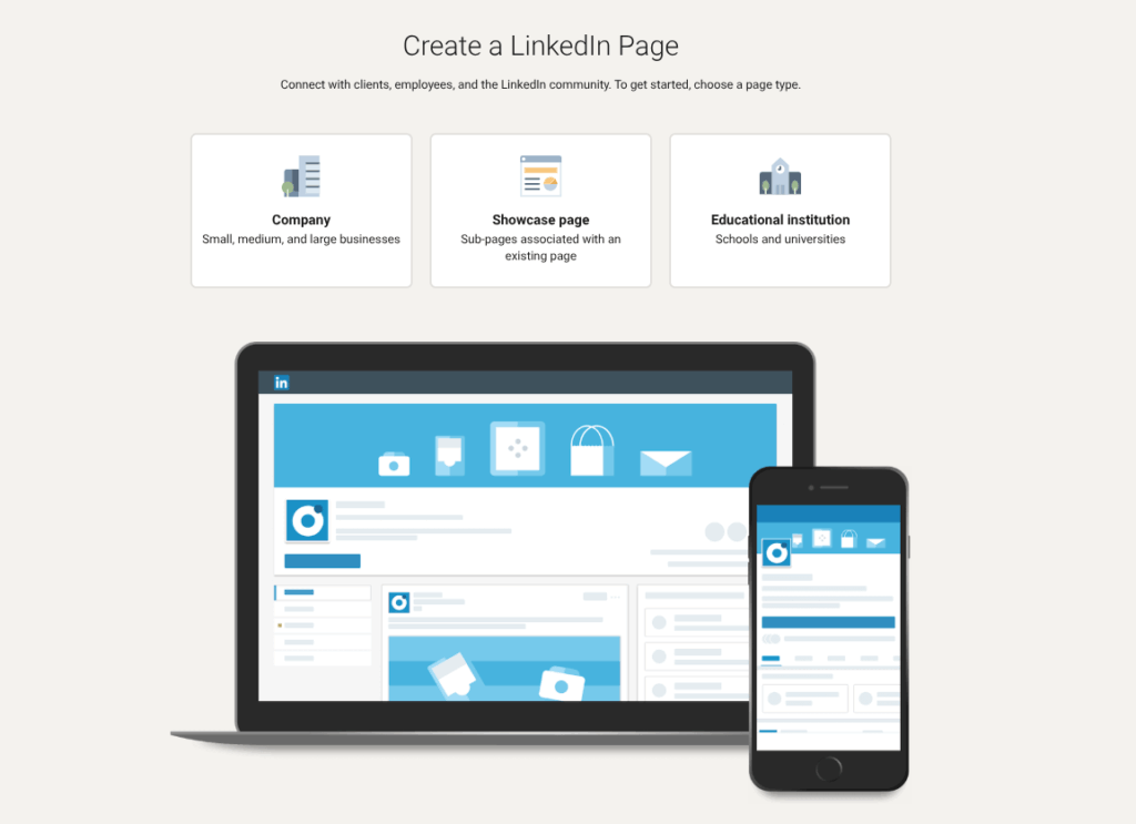 LinkedIn’s “Create a LinkedIn Page” screen with page type options including Small Business, Medium to Large Business, Showcase Page, and Educational Institution, highlighting the selection process for small B2B companies.