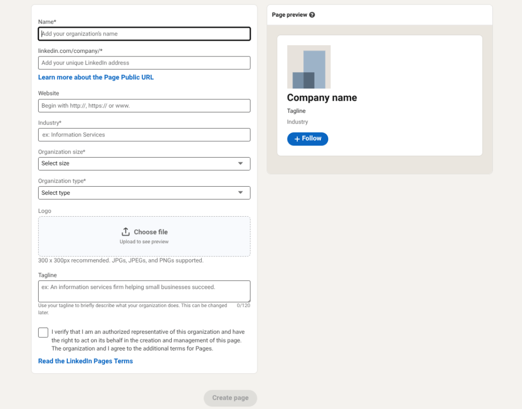 Close-up screenshot of the LinkedIn Company Page setup form, including fields for company name, logo upload, and custom LinkedIn URL, demonstrating how to correctly set up your business page.