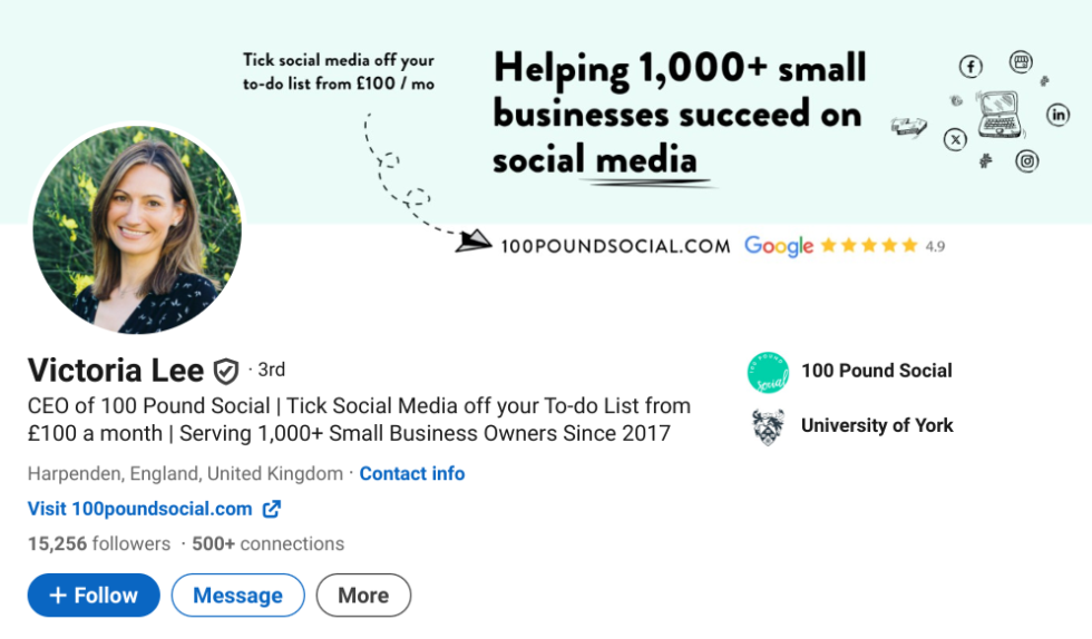 Screenshot of a LinkedIn personal profile showing the profile photo, headline, and About section, emphasising the need for a complete and professional personal profile before creating a company page.