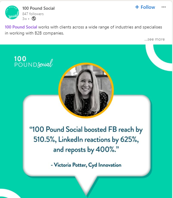 Image showing key performance results from 100 Pound Social, including increased LinkedIn engagement, lead generation, and content visibility for small B2B businesses.